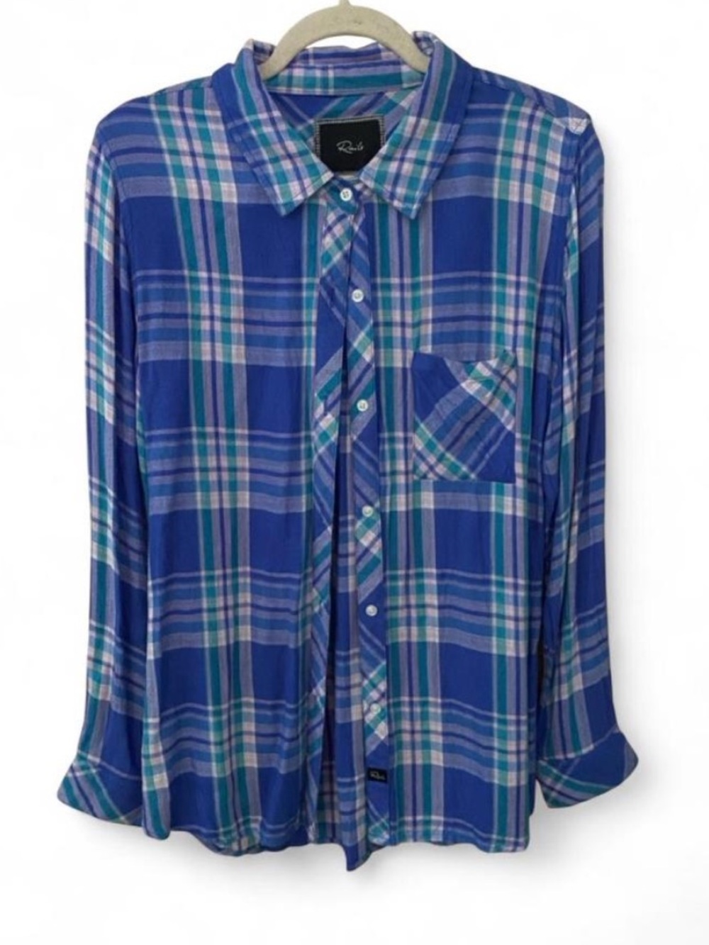 Rails Hunter Plaid Button Down Long Sleeve Shirt Periwinkle Blue Teal Size Large